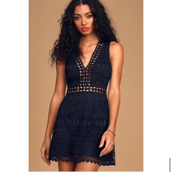Lulu’s Take Me Dancing Navy Blue Crochet Lace Sleeveless Mini Dress - Picture 2 of 13